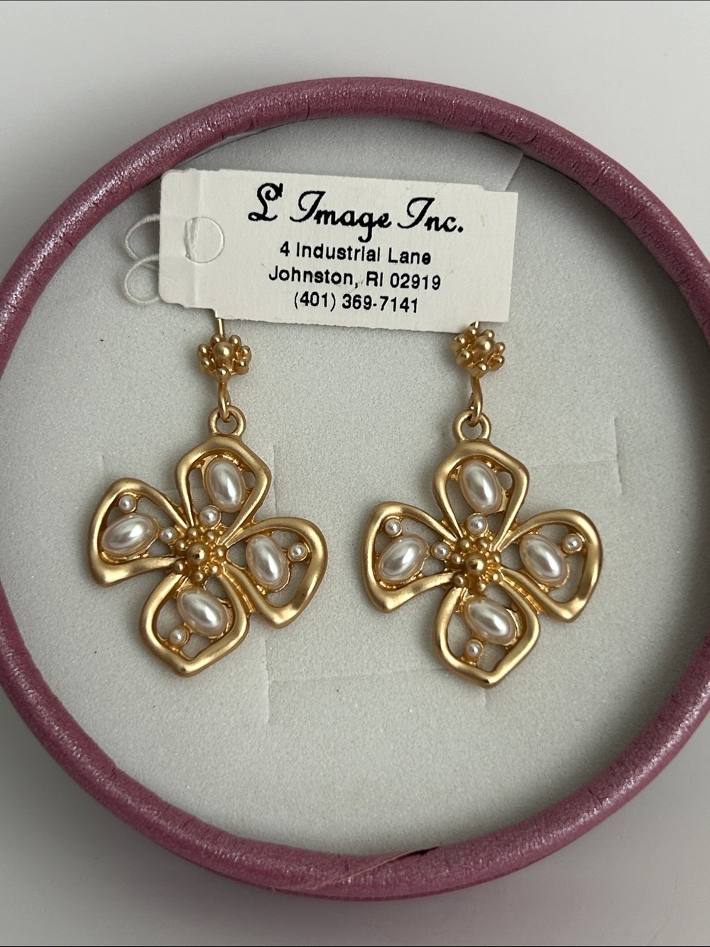 L' Image Gold tone Clover Earrings with Pearl Accents